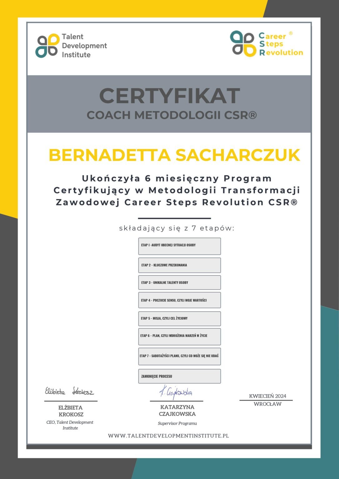 Certyfikat Bernadetta Sacharczuk