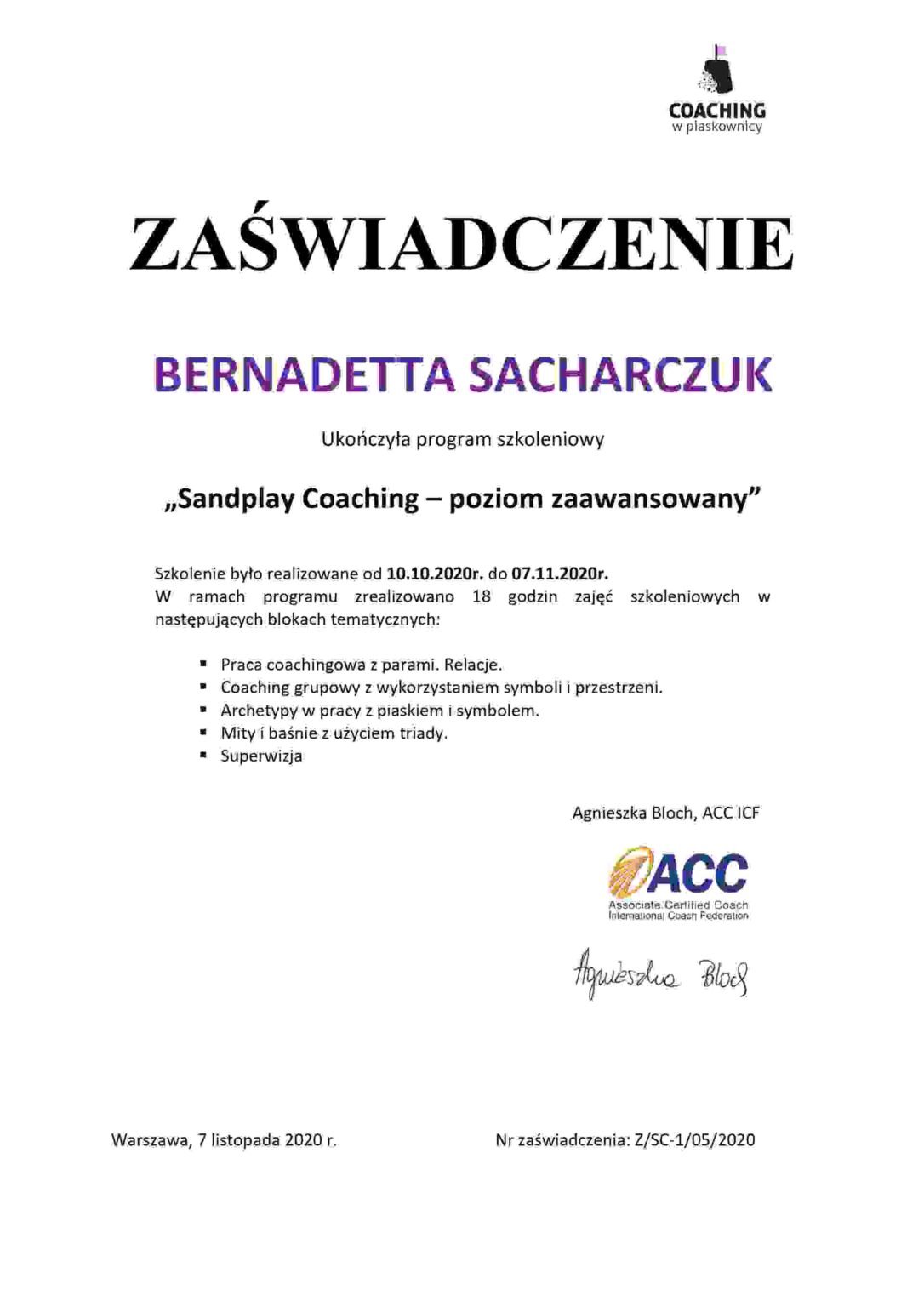 Zaświadczenie Sandplay Coaching